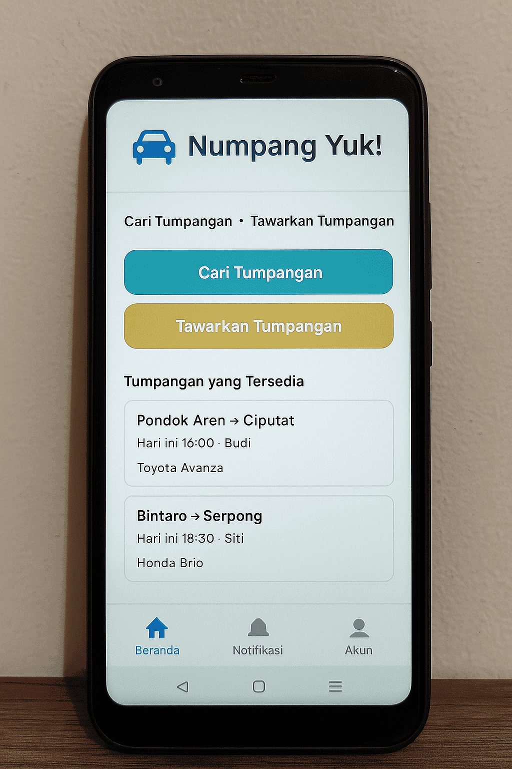 Tampilan Antarmuka Aplikasi Numpang Yuk!