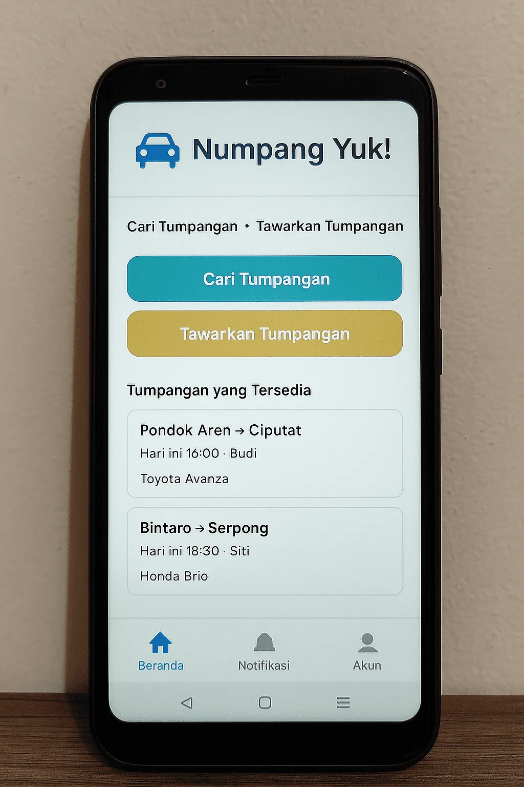 Tampilan Antarmuka Aplikasi Numpang Yuk!